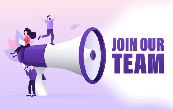 Join our team people, great design for any purposes. Flat join our team people for flyer design. Girl with megaphone. Vector illustration