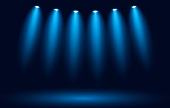 Realistic glowing spotlights on a dark blue background. Vector backdrop illustration.